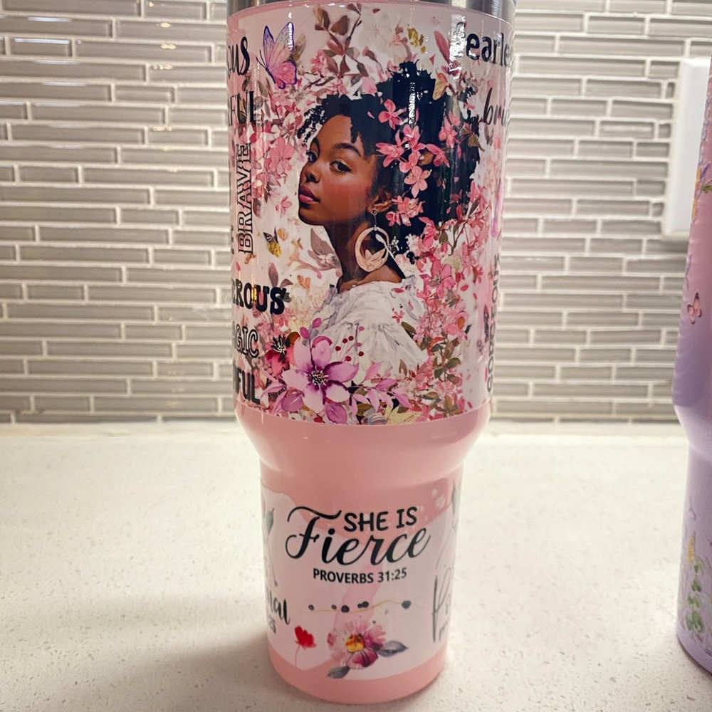 Pink 'She Is Fierce' 40 oz Stainless Steel Floral Insulated Tumbler